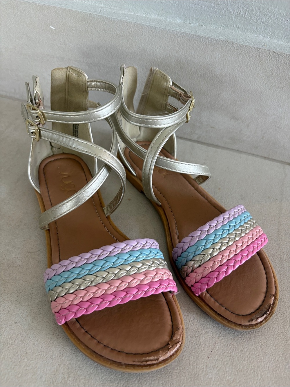 Sugar Metallic Silver Ankle-Strap Sandals with Pastel Braided Bands
